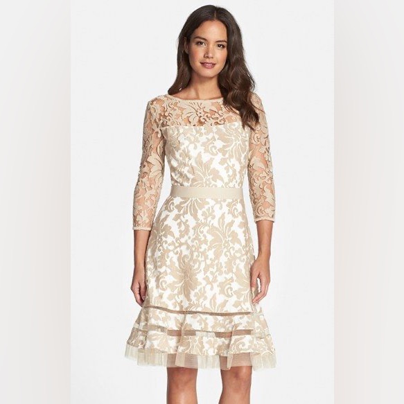 Nwt Tadashi Shoji Cream Floral Lace Dress Fit & Flare Women’s Dress 10 3k1147m